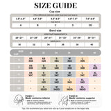 A size guide chart in Spanish and English for bras, showing cup sizes A through DD, band sizes 25"-40", and a sizing table with example measurements. Includes small illustrative diagrams at the bottom.
