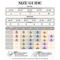 A size guide chart in Spanish and English for bras, showing cup sizes A through DD, band sizes 25"-40", and a sizing table with example measurements. Includes small illustrative diagrams at the bottom.