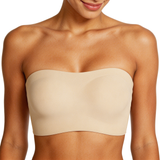 Beige strapless top worn by a model on a white background