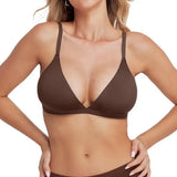 Brown bra worn by a model on a white background