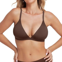 Brown bra worn by a model on a white background
