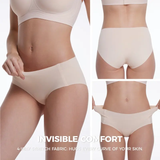 Beige underwear set with 'Invisible Comfort' text on a white background