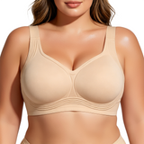 Beige bra worn by a model on a white background