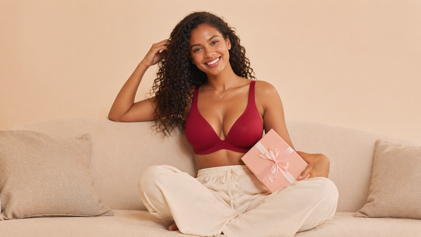 Woman sitting on a couch holding a gift box, wearing a red bra and white pants.