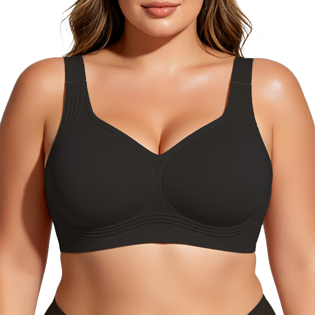 Black bra worn by a model on a white background