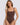 A woman modeling a solid brown one-piece bodysuit or shapewear top against a light gray studio background.