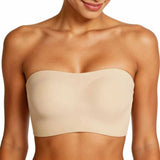 Beige strapless top worn by a model on a white background