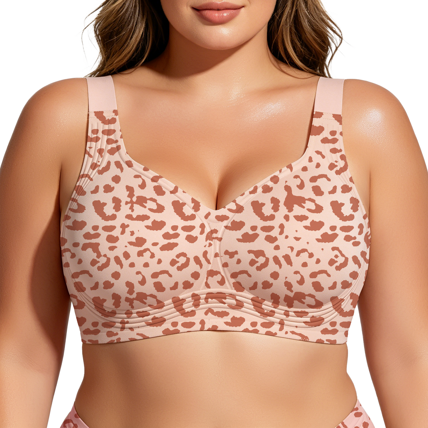Leopard print bralette worn by a model on a white background