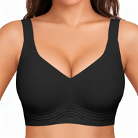 Black bra worn by a model on a white background