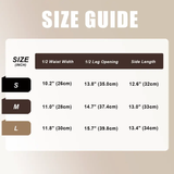 Size guide chart for pants with measurements in inches and centimeters on a beige background.