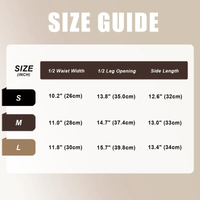 Size guide chart for pants with measurements in inches and centimeters on a beige background.