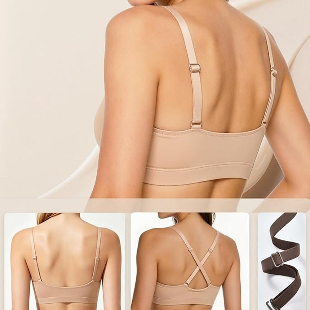 Beige bra with straps on a neutral background