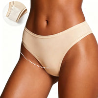 Beige underwear worn by a person on a white background