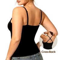 Black tank top with cross-back design worn by a model on a white background