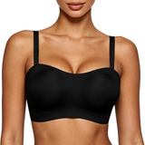 Black bra worn by a model on a white background