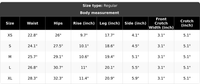 Table displaying body measurements for different sizes with a black background