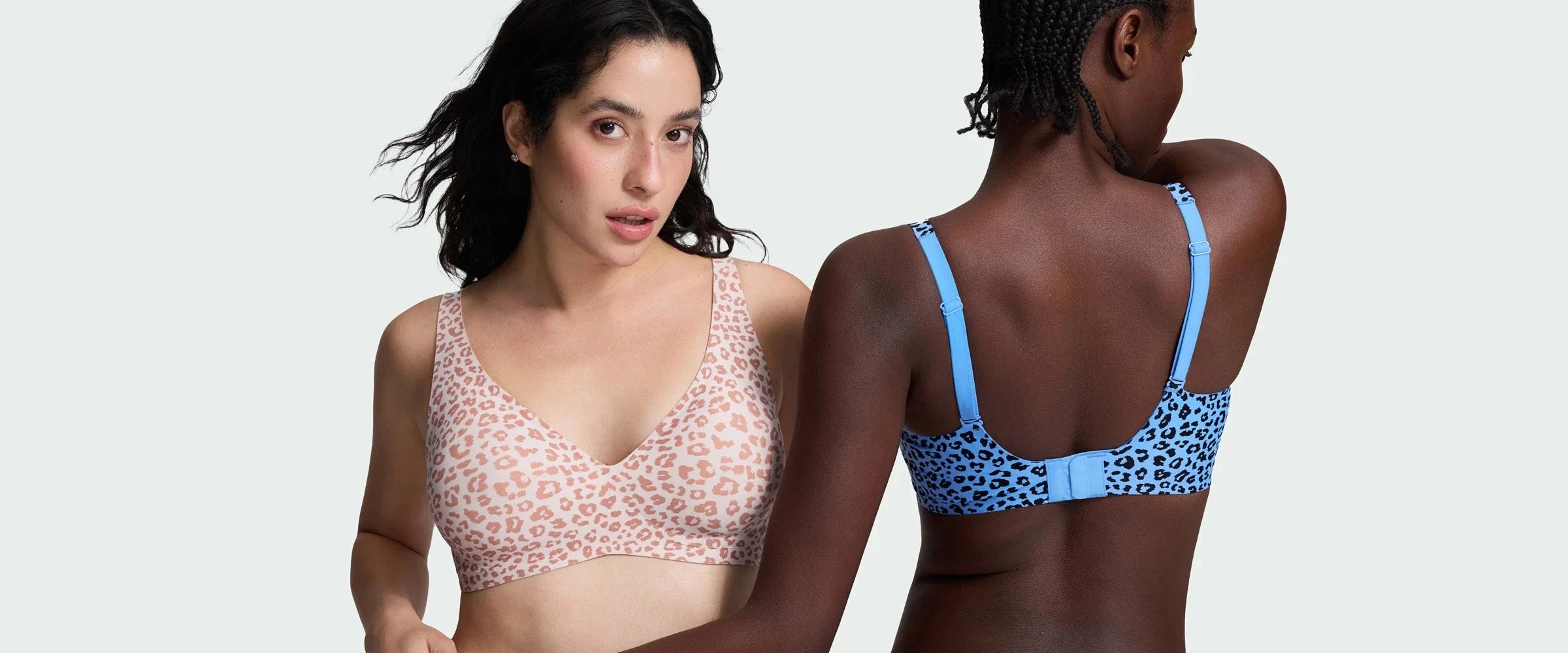 VRCOMFY wireless leopard print bras for women, soft seamless comfort bras with front and back view
