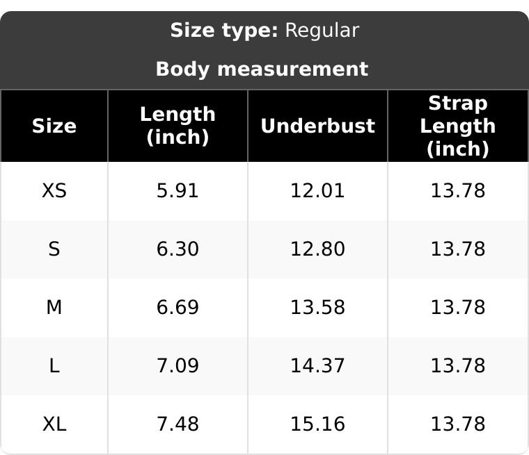 Table displaying body measurements for different sizes with columns for length, underbust, and strap length.