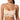 A woman wearing a beige wireless bra with adjustable shoulder straps and small gold-tone metal clasps, shown from the chest to the lower torso on a plain white background.