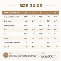 Size guide chart for clothing measurements with inch values