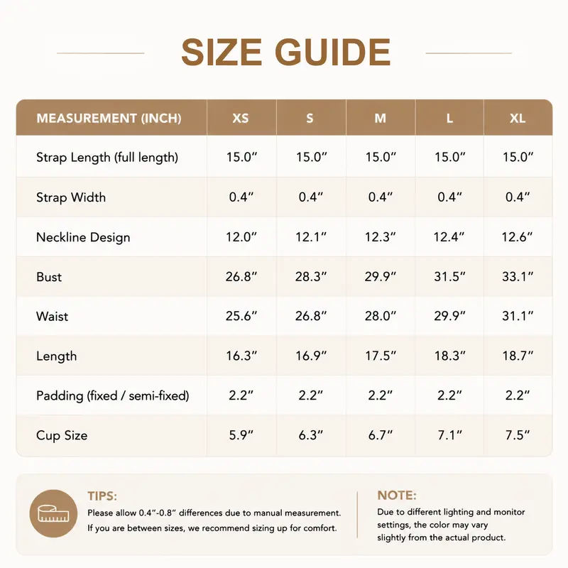 Size guide chart for clothing measurements with inch values
