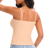 Woman wearing a beige compression garment on a white background