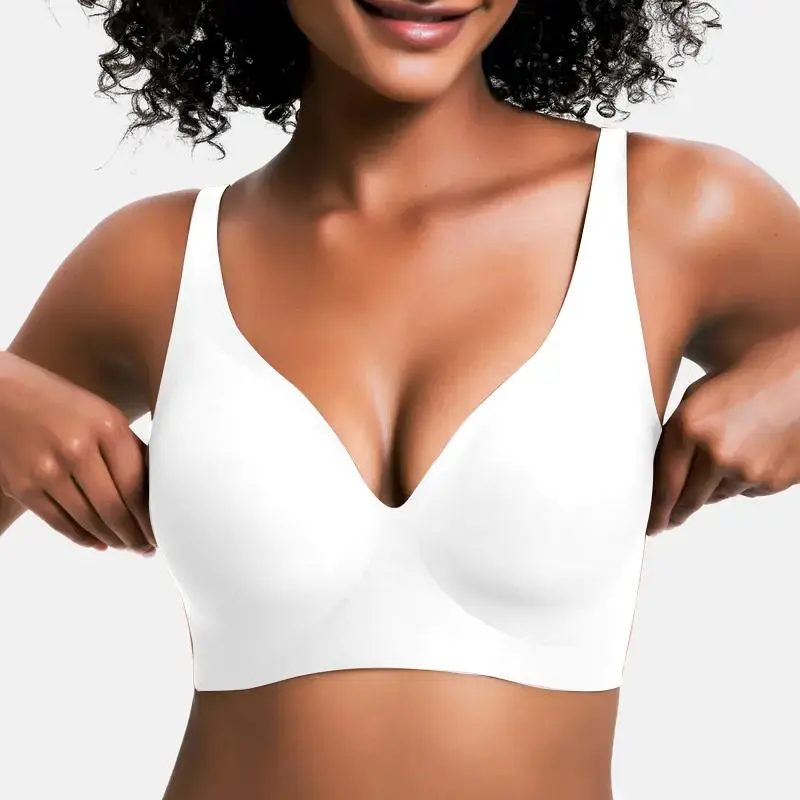 VRCOMFY Women's White Wireless Bra with Plunge Neck, Seamless & Supportive Comfort
