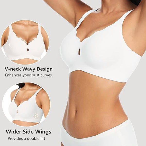 VRCÔMFY white wireless bra with V-neck wavy design for enhanced curves and wider side wings for dual lift support | Sculpted contouring with seamless comfort and all-day elegance