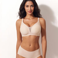 Women's Beige Seamless Bra and Panty Set with Mesh Insert