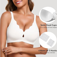 VRCÔMFY white wireless bra with semi-fixed cups for universal fit and 4x3 back closure | Includes free bra extender for customizable support and size flexibility