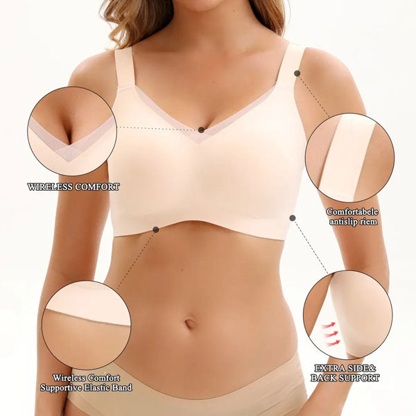 VRCÔMFY nude wirefree bra technical design with anti-slip straps and supportive elastic band | Engineered with extra side-back support for maximum wireless comfort and all-day wear