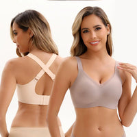 Dual bra comparison: VRCÔMFY nude criss-cross back wireless bra and grey deep V plunge mesh bra | Showcasing seamless support and minimalist aesthetic in wirefree lingerie