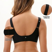 VRCÔMFY black wireless bra back design with 4x2 hook closure and anti-slip comfort straps | Engineered for plus size support and personalized fit customization