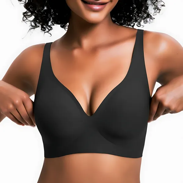 VRCOMFY Women's Black Wireless Bra with Plunge Neck, Seamless & Supportive Fit