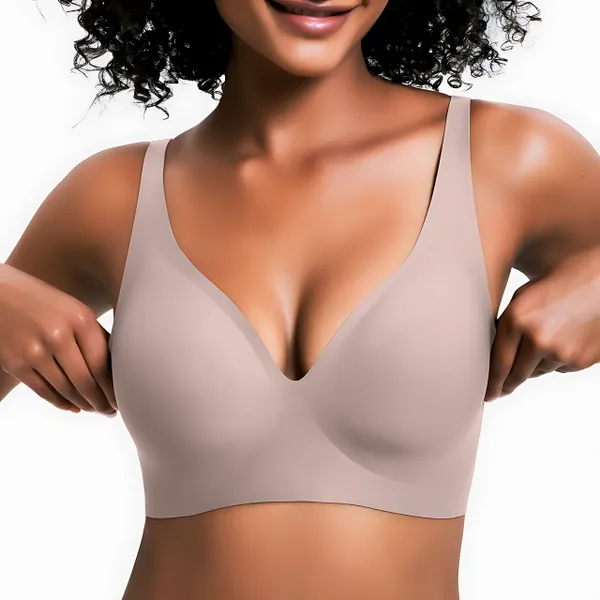 VRCOMFY Women's Nude Wireless Bra with Plunge Neck, Seamless Shaping & All - Day Comfort
