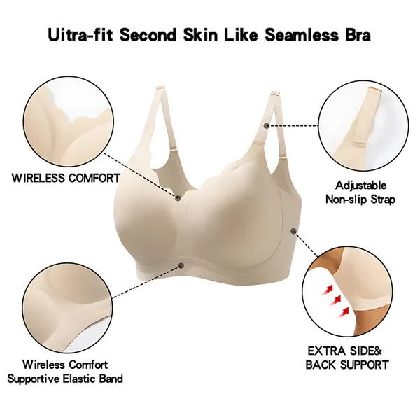 VRCÔMFY nude seamless wireless bra featuring adjustable non-slip straps and enhanced side-back support | Comfortable wirefree design with full coverage support