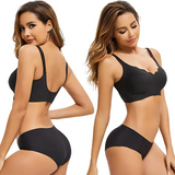 Side-by-side comparison of VRCÔMFY black seamless wireless bra showcasing superior side support and sleek silhouette | Contouring side panels for smooth wirefree shaping