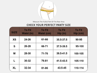 Pant size chart with measurement guide for waist and hip on a gray background