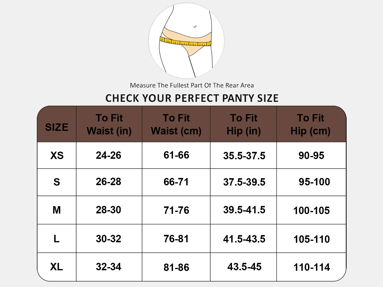 Pant size chart with measurement guide for waist and hip on a gray background
