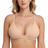 Beige bra worn by a model on a white background