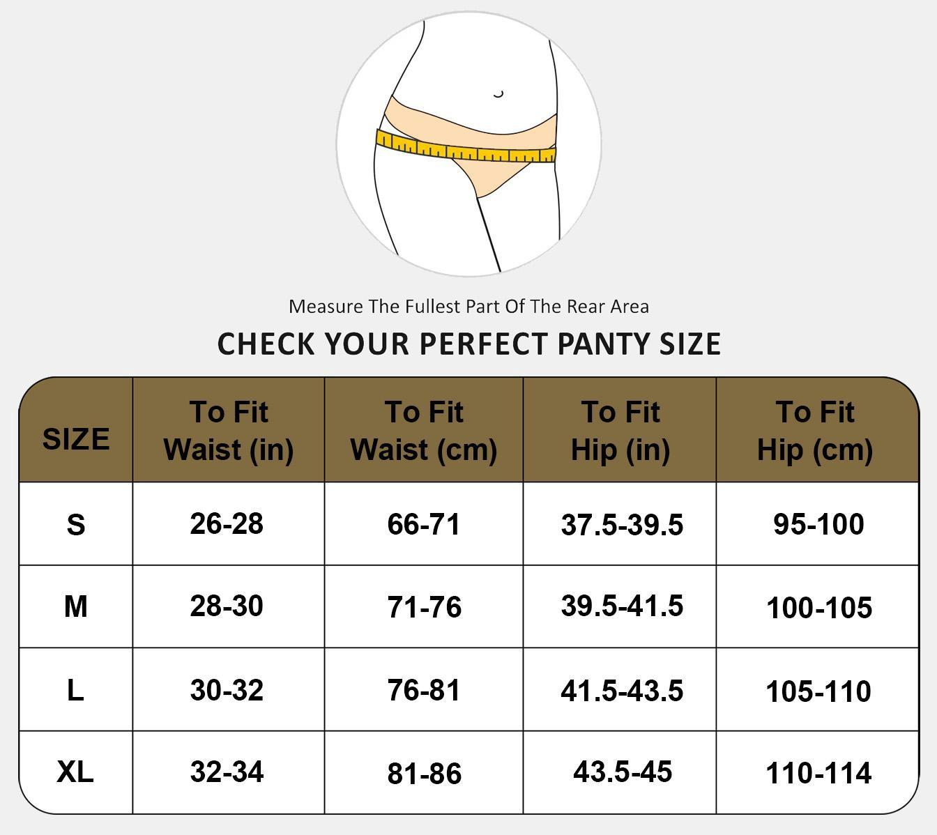 Panty size chart with measurement guide for waist and hip