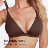 Brown bra worn by a model with text 'Soft Buttery Fabric feels like a second skin' on a white background
