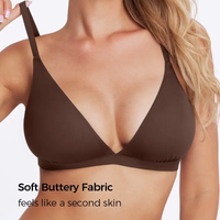 Brown bra worn by a model with text 'Soft Buttery Fabric feels like a second skin' on a white background