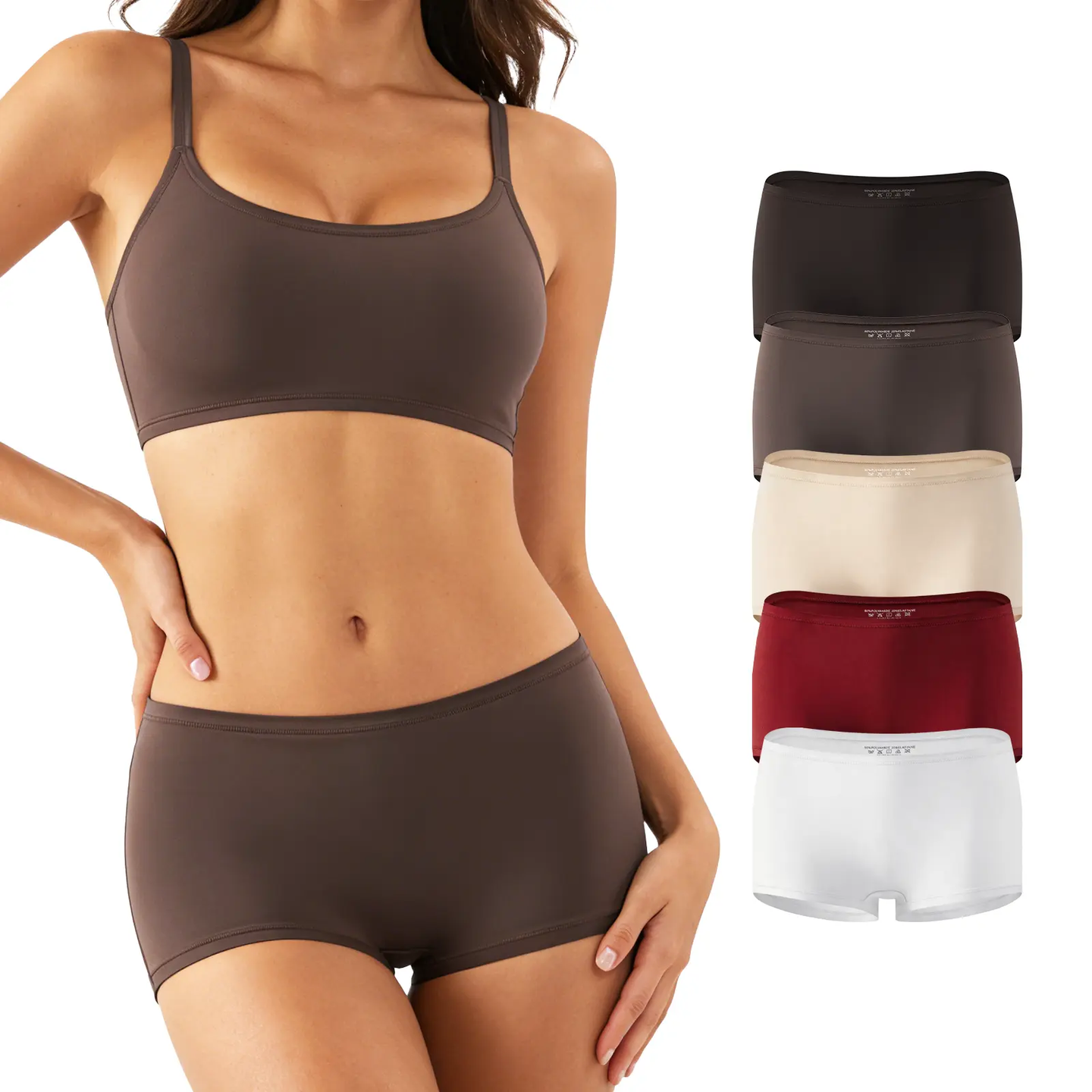 Woman wearing a brown sports bra and shorts with additional colors displayed on a white background.
