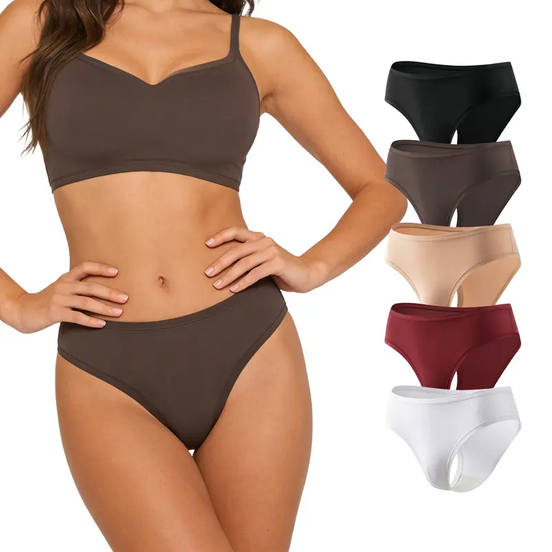 Woman wearing a brown bikini with additional bikini bottoms displayed in various colors on a white background.