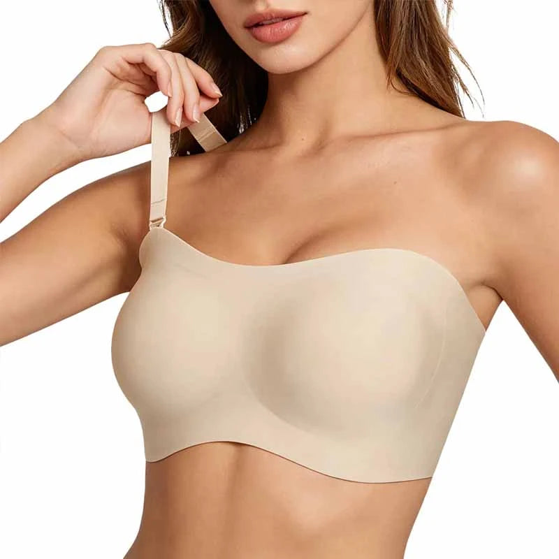Beige bra worn by a model on a white background