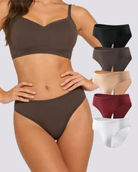 A woman modeling a matching bra and high-waisted brief set in dark brown, with five additional color options stacked on the right: black, taupe, nude, burgundy, and white, all on a light gray background.