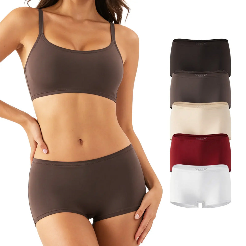 Female model wearing a brown seamless sports bra and shorts, displayed alongside four other color options (black, dark brown, cream, red, white) on a white background