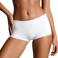 White seamless boyshort panties for women featuring a comfortable full coverage design
