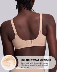 Back view of a model wearing a beige wireless bra with adjustable straps and a hook-and-eye back closure, with an inset showing additional wear options and text explaining the back hook features.